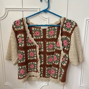 Thrifted Granny square Crochet Floral Sweater - Pink and Brown